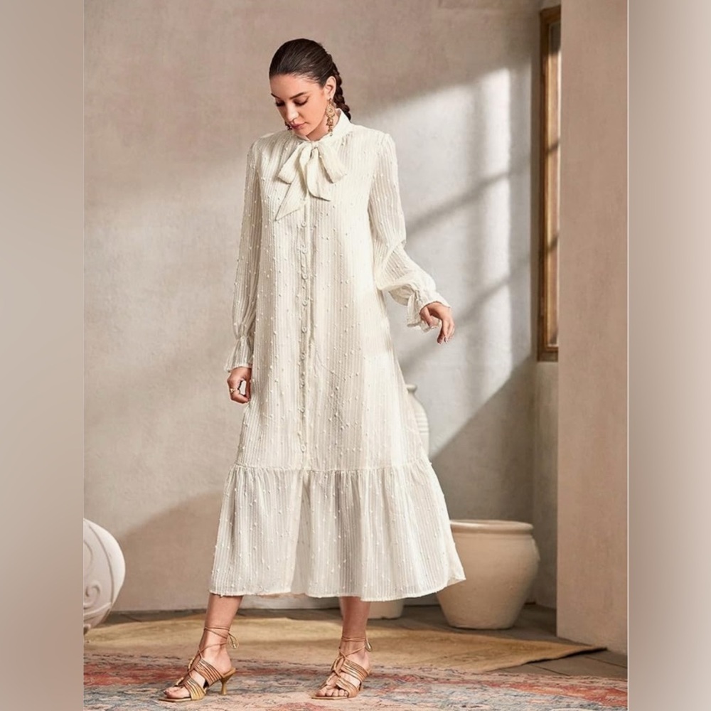 Cream Long-Sleeve Bow-Neck Tiered Maxi Dress